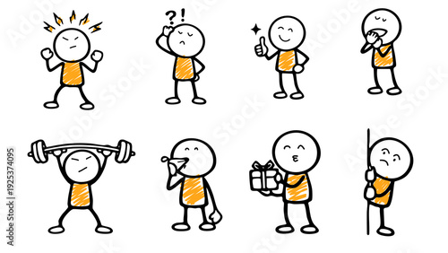 orange shirt stickman character showing various emotions and physical activities like weightlifting