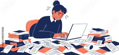 Overwhelmed woman struggling with financial documents and a mountain of paperwork at her desk, depicting stress and anxiety over taxes, bills, or a heavy workload