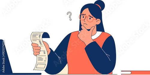 Confused woman looking at a receipt and a laptop, symbolizing financial stress and confusion about expenses