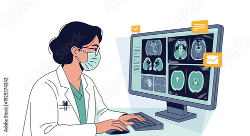 Medical professional analyzing brain scans on computer screen with notifications
