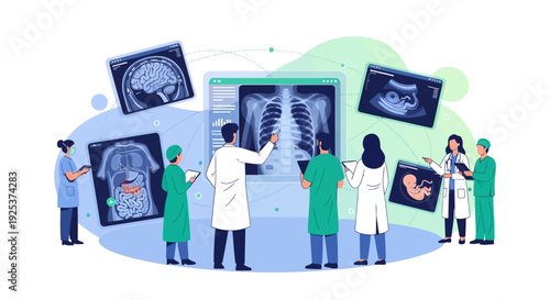 Medical professionals analyzing X-ray images in a clinical environment from various viewpoints