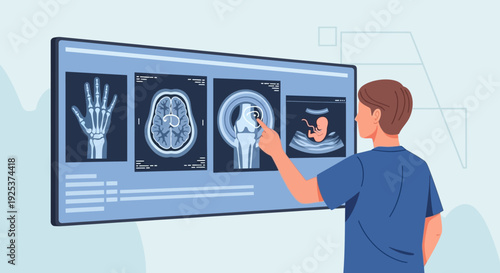 Medical professional analyzing medical images on a large screen display from a side viewpoint