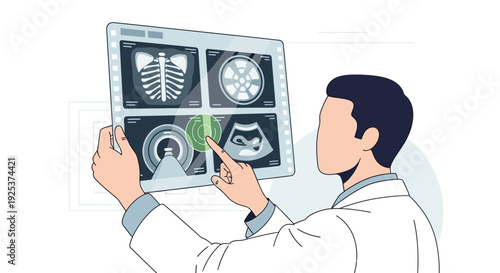 Doctor examining medical images on a digital tablet with various scans displayed