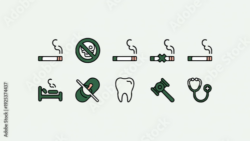 Green icons against smoking isolated on light gray background