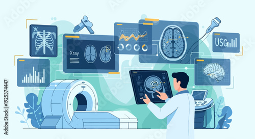 Medical professional analyzing brain scan images on various screens in a modern diagnostic laboratory setting from a slightly elevated viewpoint