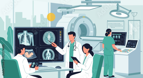 Medical professionals analyzing patient scans on large screens in a modern hospital setting with advanced technology and equipment