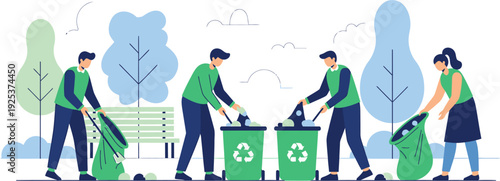 Group of people cleaning a park, promoting environmental awareness and community volunteerism for a greener planet