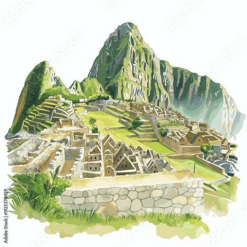 Machu Picchu. Machu Picchu hand drawn watercolor illustration