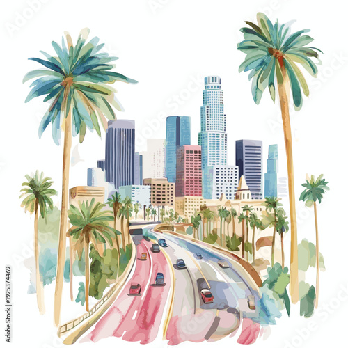 Los Angeles. Los Angeles hand drawn watercolor illustration