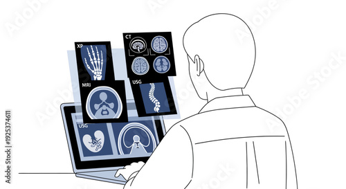 A medical professional analyzes various human body scans on multiple digital devices from behind
