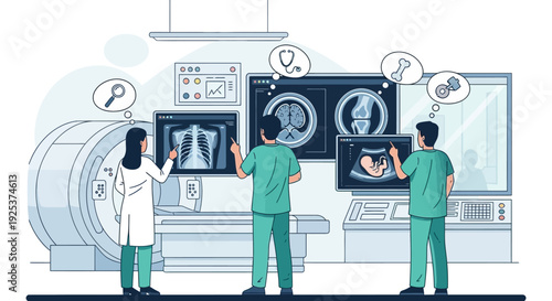Medical professionals analyzing MRI scans together in a modern hospital radiology department