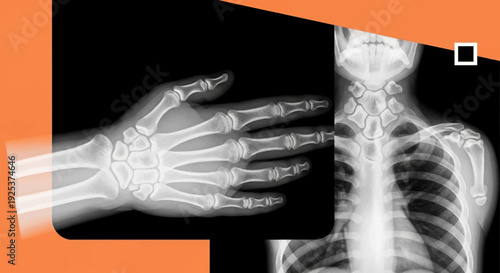 X-ray images of human hand and torso displayed side by side against a black background