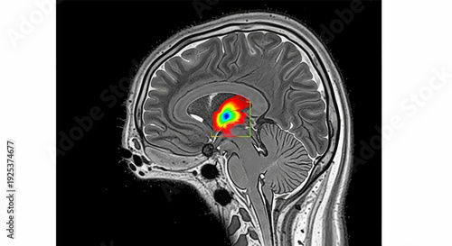 Medical imaging scan of human brain with highlighted area indicating potential tumor or lesion, viewed from the side in grayscale with color accent