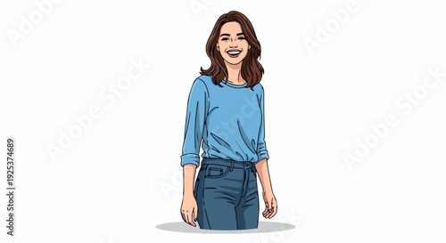 A smiling young woman wearing a blue shirt and jeans standing against a clean white background.
