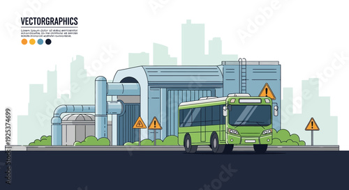A green bus driving past an industrial facility with caution signs on a road