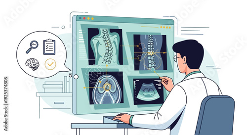 A medical professional analyzes medical scans on a computer screen in a clinical setting from a rear viewpoint.