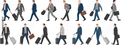 Traveling businessman set, professional male corporate commuters with luggage collection, executive business travel, CAD drawing flat vector illustration, suits and briefcases silhouettes.