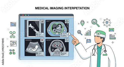 Doctor interpreting medical images on a computer screen with various diagnostic tools and visuals displayed