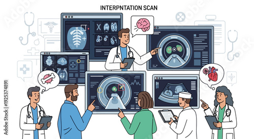Medical professionals collaborating on medical imaging scans and diagnostics in a futuristic setting