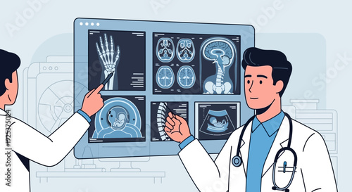 Medical professionals examining X-ray and MRI scans on a digital display in a clinical setting from a straightforward viewpoint