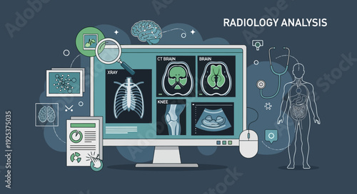 Radiology analysis displayed on a computer screen showing various medical images and diagrams from different viewpoints