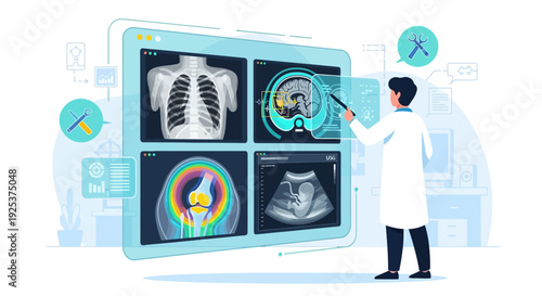 Medical Professional Analyzing Various Medical Images on Large Digital Screen