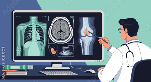 Doctor analyzing medical images on a computer screen displaying X-rays and scans of various body parts