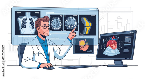 Doctor analyzing medical images on computer screen with X-ray, MRI, and CT scans displayed on a large monitor in a clinical setting