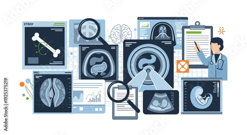 Medical professional analyzing various medical imaging scans and reports on multiple screens in a clinical setting from a slightly elevated viewpoint