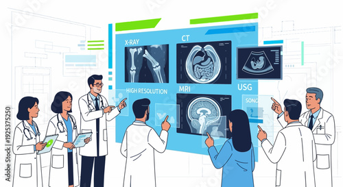 Medical professionals analyzing digital X-ray images on a large screen in a clinical setting