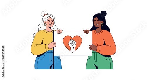 Two diverse women holding a sign with a heart and equality symbol, conveying unity and solidarity in a colorful illustration with a clean white background.