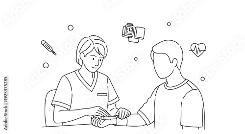 A nurse consulting with a patient in a healthcare setting, viewed from the side with medical icons surrounding them.