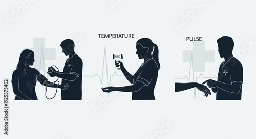 Medical professionals checking patient's vital signs in a clinical environment from various viewpoints