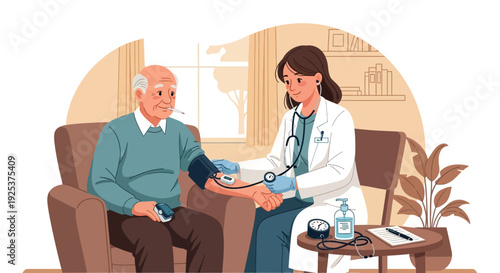 Doctor examining an elderly man's arm in a comfortable living room setting from a slightly elevated viewpoint