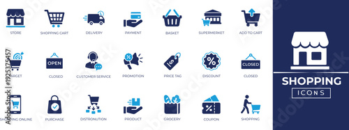 Shopping icon collection. Online shopping, tags, store, delivery, promotion, and shopping cart symbol. Editable vector icons collection.