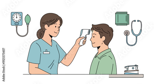 Medical professional examining a patient's temperature with a thermometer in a clinical setting