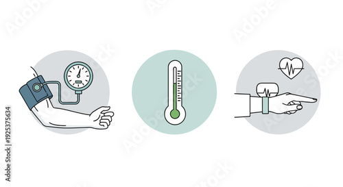 Medical Checkup Illustrations Featuring Blood Pressure, Thermometer, and Heart Rate Monitoring in a Clinical Setting