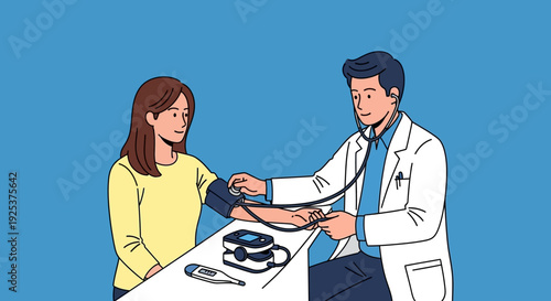 Doctor examining patient's blood pressure in a clinical setting with medical equipment nearby