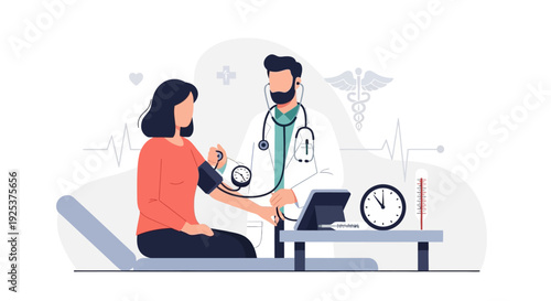 Doctor examining patient in a clinical setting with medical equipment nearby viewed from the side