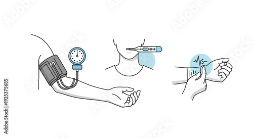 Measuring blood pressure with a sphygmomanometer and stethoscope on a person's arm in a medical setting