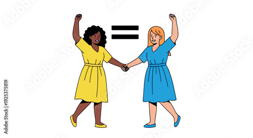 Two women in yellow and blue dresses holding hands with raised arms and an equality sign in the background.