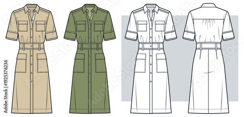 Women Safari Shirt Dress Technical Fashion Illustration. Midi Button Down Dress Fashion Flat Technical Drawing Template, pockets, front and back view, white, olive green, beige, women CAD mockup set.