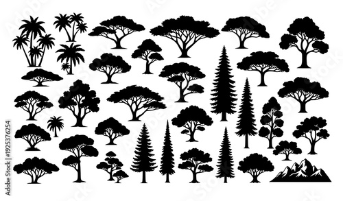 Diverse Tree Silhouette Vector Collection of Global Natural Zone Forest Trees Isolated on White