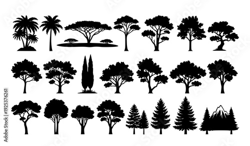 Tree Silhouettes Vector Collection Representing Different Natural Zones Isolated on White Background