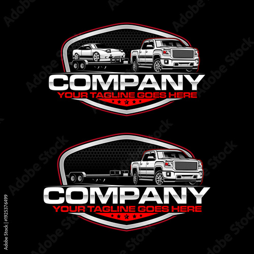 Hotshot Trucking Logo with Pickup and Bumper Pull Trailer, Heavy Duty Transport Vector Illustration