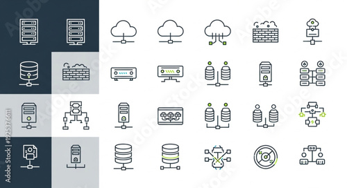 Collection of technology and data server icons in a grid layout.