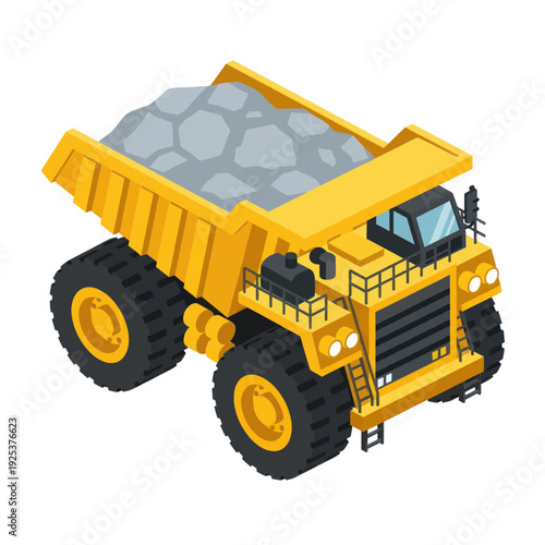 Heavy-duty yellow dump truck loaded with rocks, isometric view.