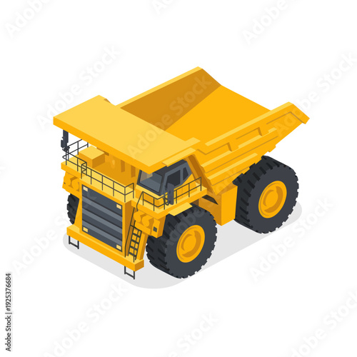 Heavy-duty yellow mining dump truck isolated on white background.