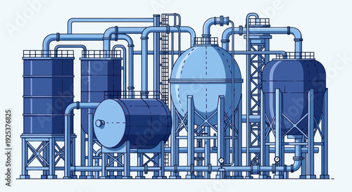 Industrial Chemical Plant with Storage Tanks and Pipelines.