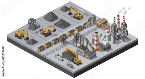 Industrial coal mining and processing plant with heavy machinery and smokestacks.